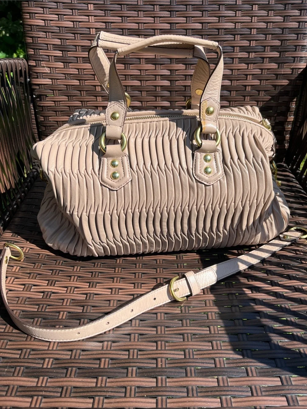 Coach Ashley Pebble-Pleat Satchel in Light Beige